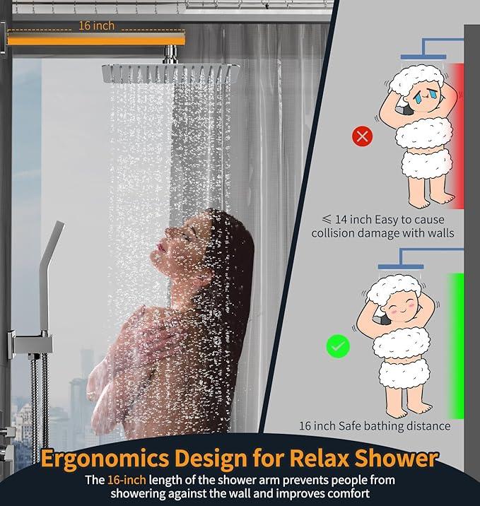 SR SUN RISE SRSH-D1203 12 Inches Bathroom Luxury Rain Mixer Shower Combo Set Wall Mounted Rainfall Shower Head System Polished Chrome Shower Faucet Rough-in Valve Body and Trim Included - ModernBath