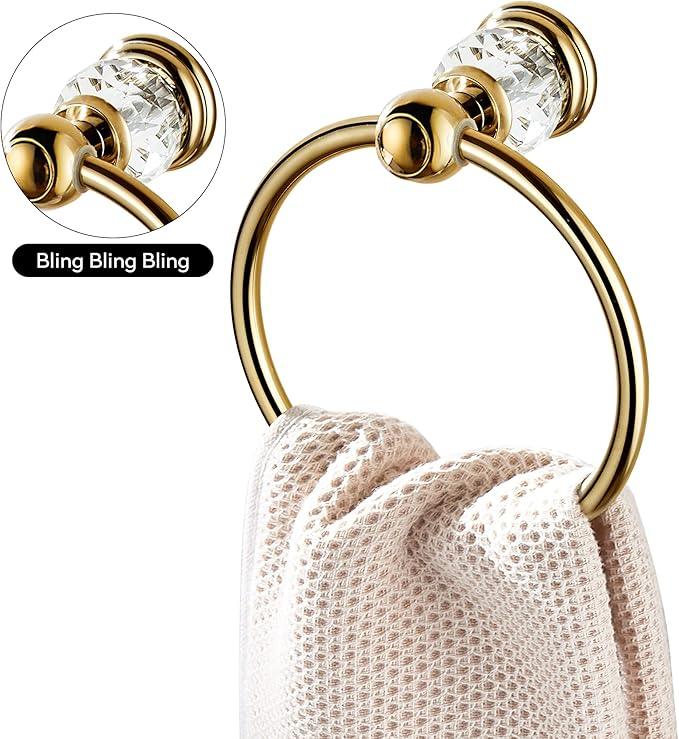 WINCASE Crystal Towel Ring, Gold Towel Holders for Bathrooms, Round Hand Towel Rack Wall Mounted Decorative - ModernBath