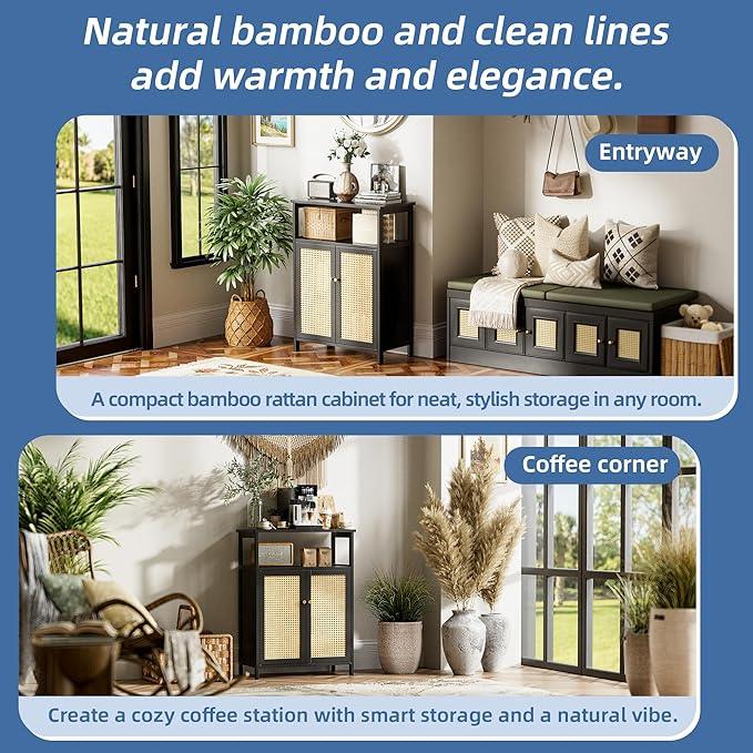 HITNET Bamboo Floor Cabinet, Bathroom Storage Cabinet with 2 Rattan Doors and Shelves, Space Saving Freestanding Kitchen Cupboard, Black - ModernBath