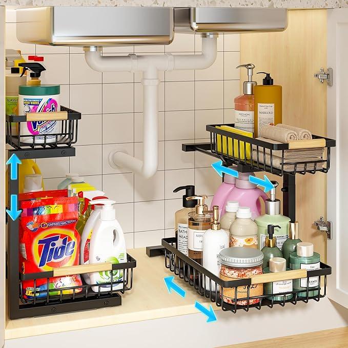 REALINN Under Sink Organizer, 2 Pack Height Adjustable Under Sink Organizers and Storage, 2 Tier Pull Out Drawer Cabinet Storage for Kitchen Bathroom - ModernBath