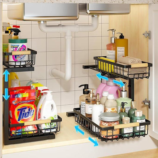 REALINN Under Sink Organizer, 2 Pack Height Adjustable Under Sink Organizers and Storage, 2 Tier Pull Out Drawer Cabinet Storage for Kitchen Bathroom - ModernBath