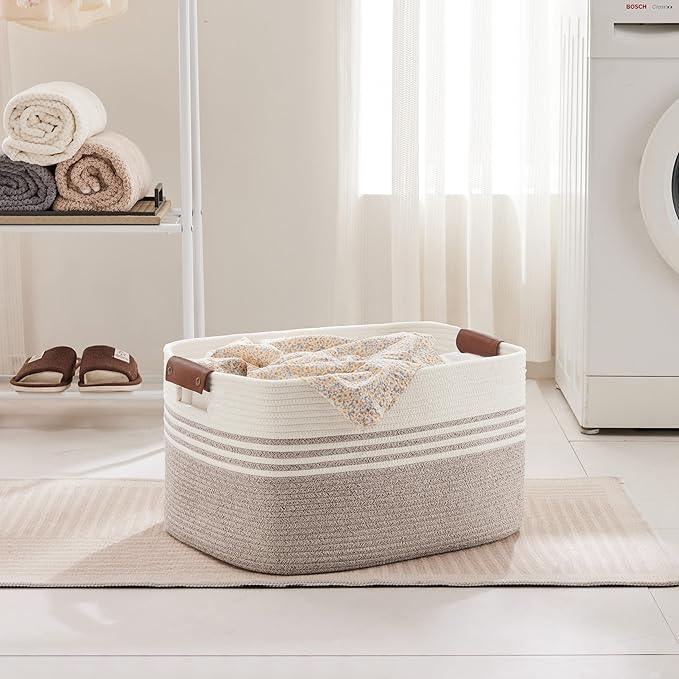 60L Large Laundry Basket with Leather Handles for Living Room Storage, Woven Rope Baskets Bin for Blanket, Kids Toy, Gifts, Wicker Hamper for Bedroom Dirty Clothes, White Brown - ModernBath
