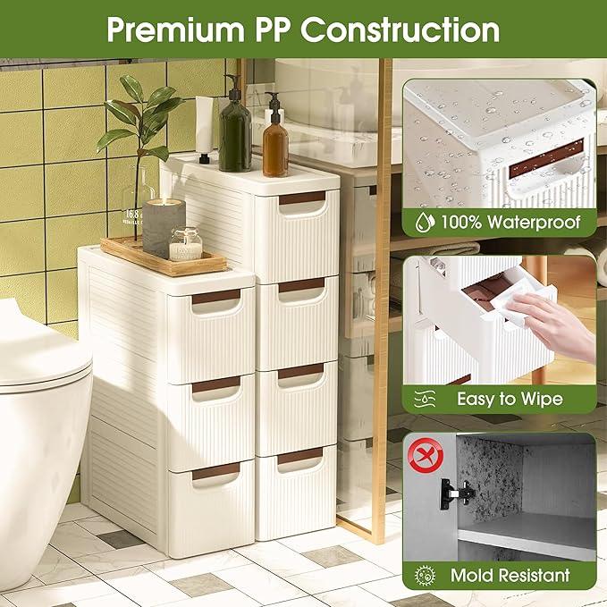 3 Drawers Narrow Storage Cabinet, Slim Bathroom Storage Cabinet, Plastic Rolling Cart Organizer for Small Spaces, Laundry, Office, Home, White - ModernBath