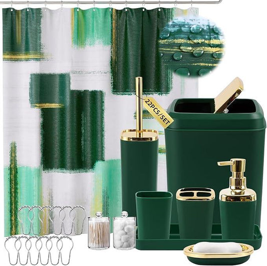 XLHOMO Green and Gold Bathroom Accessories Set, Bathroom Sets with Shower Curtain, Green Bathroom Accessories with Trash Can, Soap Dispenser, Soap Dish, Toilet Brush Holder, Qtip Holders - ModernBath