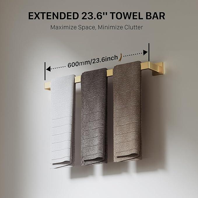 JIXB 10-Piece Brushed Gold Bathroom Accessories Set, 23.6 Inch Bathroom Hardware Set, SUS304 Stainless Steel Bath Towel Bar Set, Toilet Paper Holder with Shelf, Towel Hooks & Ring Wall Mounted - ModernBath