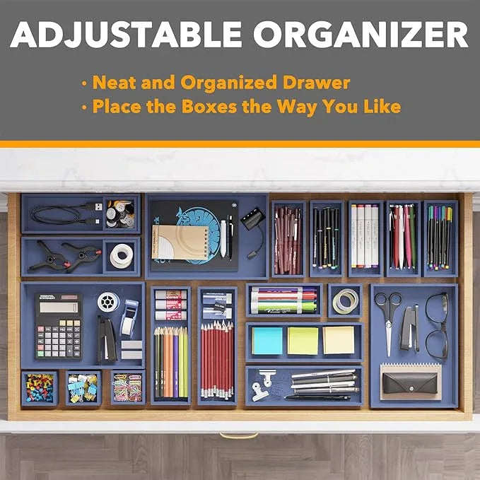 SpaceAid 21-Piece Bamboo Drawer Organizer Storage Boxes Set, Wood Tray Junk Drawer Organizers Multi-Use Divider Bins for Kitchen, Bathroom, Office Desk and Makeup Organization (21 Pack, Navy Blue) - ModernBath