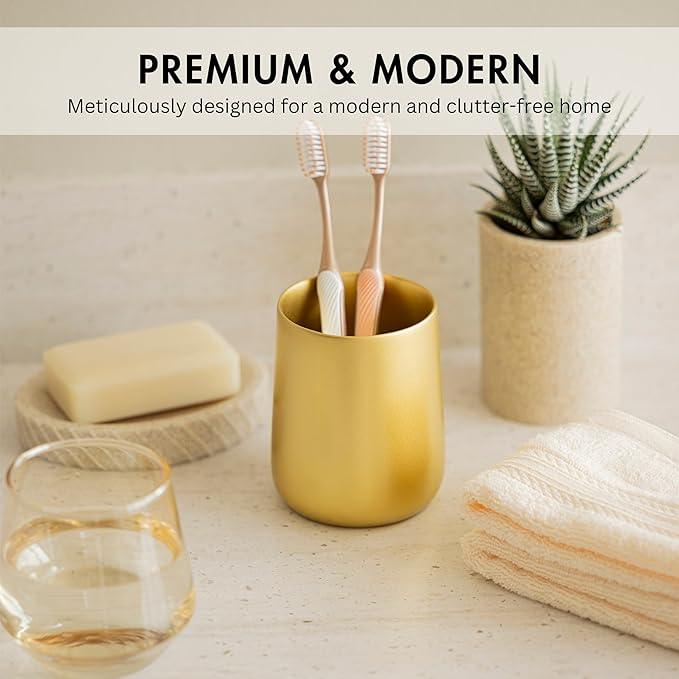 Yew Design Gold Toothbrush and Toothpaste Holder and Cup for Bathroom Vanity and Countertop, Round Organizer for Electric Toothbrushes, Floss, Razors, Cotton, and Mouthwash - ModernBath