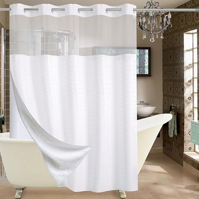 Conbo Mio Extra Long No Hook Shower Curtain with Snap in Liner Set, Hotel Luxury White Shower Curtains for Bathroom with See Through Top Window, Waterproof, Washable 71W x 84H - ModernBath