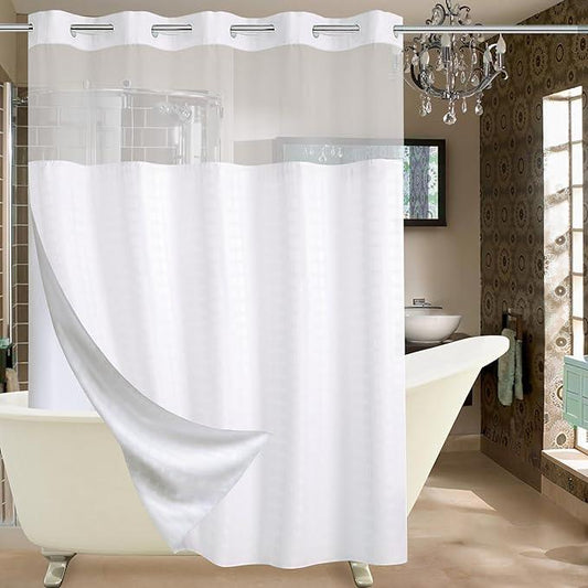 Conbo Mio Extra Long No Hook Shower Curtain with Snap in Liner Set, Hotel Luxury White Shower Curtains for Bathroom with See Through Top Window, Waterproof, Washable 71W x 84H - ModernBath