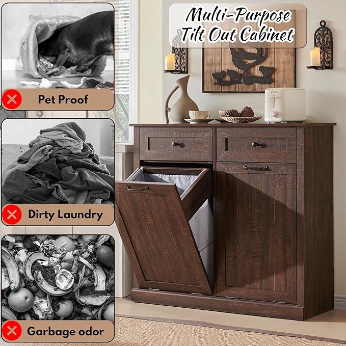 Double Tilt Out Laundry Hamper Cabinet, 20 Gallon Farmhouse Trash Can Cabinet with Drawer, Hidden Wood Garbage Can Bin Cabinet with Laundry Storage Basket for Bathroom, Kitchen, Brown - ModernBath