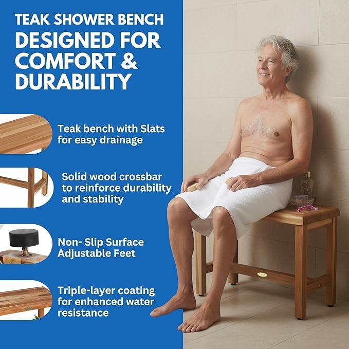 EcoDecors Eleganto 24 Inch Natural Color Waterproof Teak Wood Shower Bench Stool Seat Chair For Inside Shower Provides Safety, Storage, and Organization For Bathroom Accessories - ModernBath
