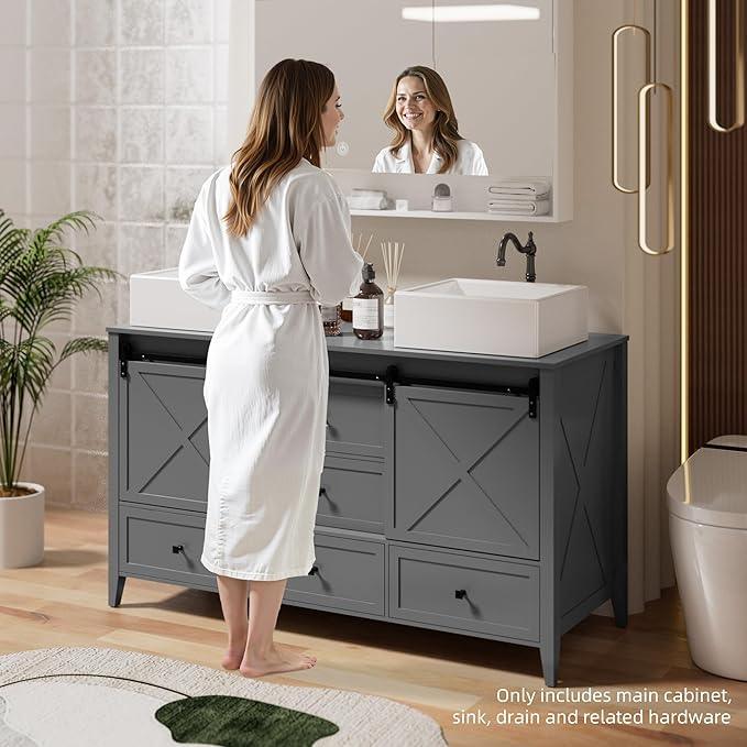 VNN Bathroom Vanity with Sink - 60 Inch Bathroom Vanity Double Sink Ceramic, Freestanding Cabinet with 2 Farmhouse Sliding Barn Doors and 5 Drawers, Space-Saving Storage Cabinet, Grey - ModernBath