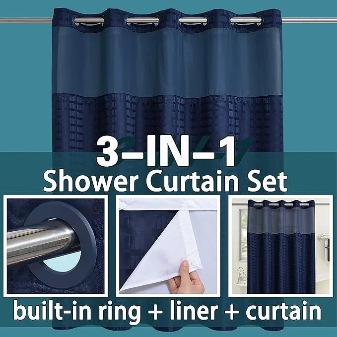 Conbo Mio Extra Long No Hook Shower Curtain with Snap in Liner Set, Hotel Luxury Navy Blue Shower Curtains for Bathroom with See Through Top Window, Waterproof, Washable 71W x 84H - ModernBath