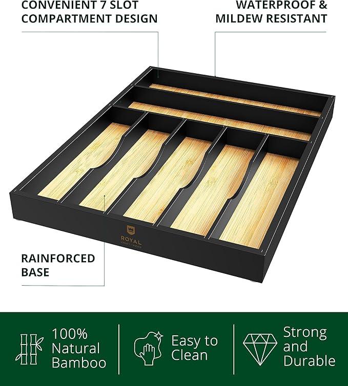 ROYAL CRAFT WOOD Luxury Bamboo Kitchen Drawer Organizer - Silverware Organizer - Utensil Holder and Cutlery Tray with Grooved Drawer Dividers for Flatware and Kitchen Utensils (7 Slot) - ModernBath
