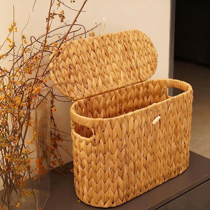 PINXIURY Water Hyacinth Toilet Paper Storage Basket, Bathroom Toilet Organizer with Lid, Woven Toilet Paper Holder for 6 Mega Rolls Bathroom Storage, Magazine Holder for Office, Bedroom - ModernBath