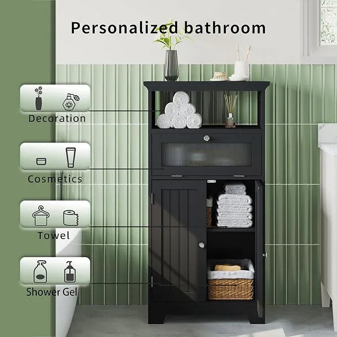 ChooChoo Freestanding Bathroom Cabinet with Flip Glass Drawer, 2 Doors, Adjustable Shelf, Open Storage for Bathroom, Living Room, Hallway, Black - ModernBath