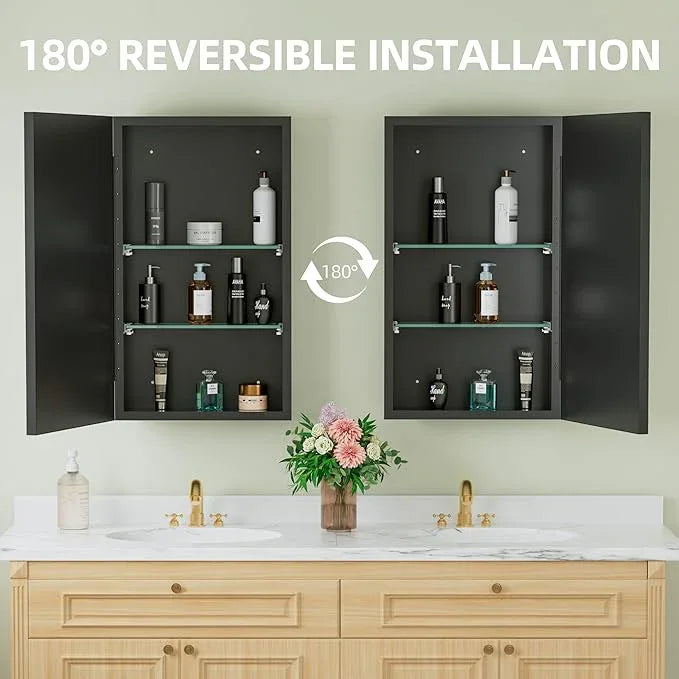 Buruis 14"x 24" Framed Medicine Cabinet with Mirror, Recessed or Wall Mounted Bathroom Cabinet, Adjustable Tempered Glass Shelves, Left/Right Open Reversible, No Assembly Required, Black - ModernBath