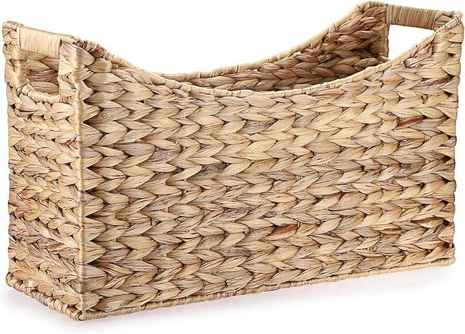 BTSKY Woven Magazine Holder, Water Hyacinth Magazine Basket, Natural Storage Basket Bin for Books & Files, Bathroom Magazine Rack with Built-in-Handle for Home, Office & Desk - 17x6.5x9.8 Inch - ModernBath