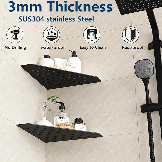 Matte Black Corner Shower Shelf, Floating Corner Shelves for Tile Wall, Tile Shower Shelf, 304 Stainless Steel Wall Storage Shelves for Bathroom, No Drilling, 10 Inch, 2 Pack - ModernBath
