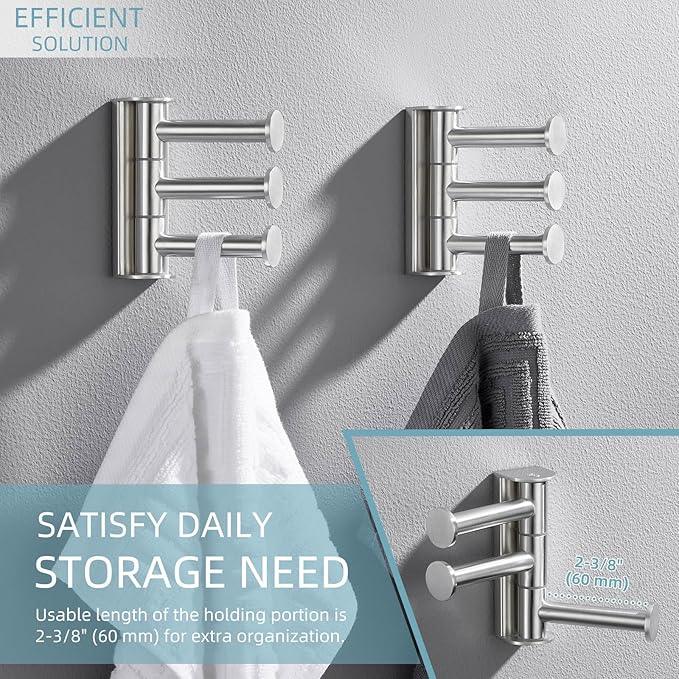 Angle Simple Swivel Towel Hook Brushed Nickel 2 Pack, SUS 304 Stainless Steel Bathroom Robe Hook for Wall - ModernBath
