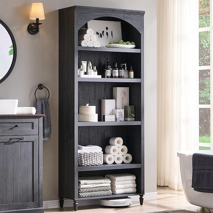 76" Tall Arched Bathroom Storage Cabinet, 5 Tiers Large Farmhouse Arched Cabinet w/Adjustable Shelves, Modern Wooden Storage Cabinet for Bathroom, Living Room, Entryway, Study Room (Dark Grey) - ModernBath