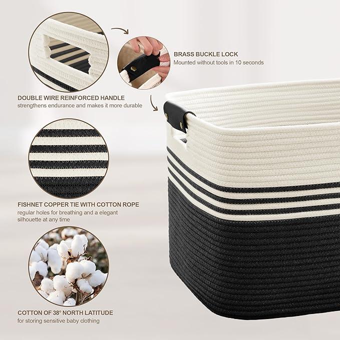 86L Extra Large Laundry Basket with Leather Handles for Living Room Storage, Woven Rope Baskets for Blanket, Kids Toy, Gifts, Wicker Hamper for Bedroom Dirty Clothes, 24"x16"x14" White Black - ModernBath