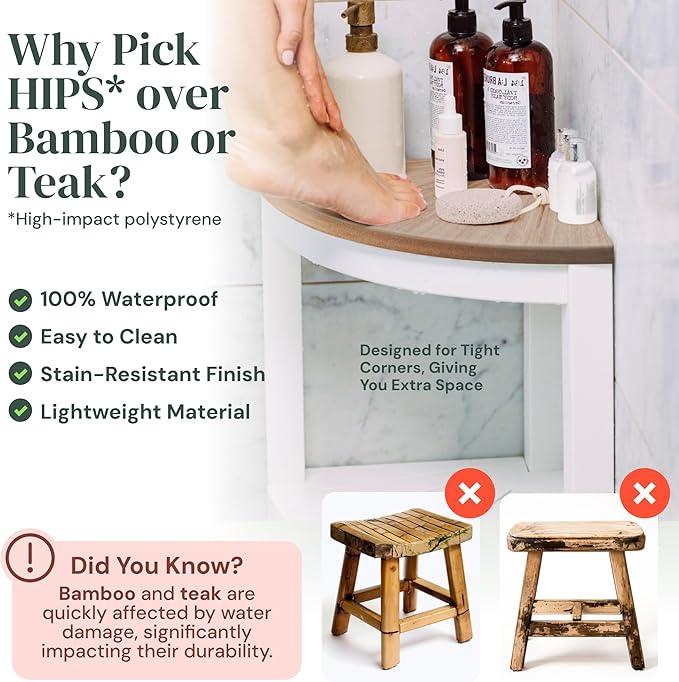 ROHKEX Waterproof Corner Shower Stool - Pack of 1, White & Brown - Stable Shaving Stool for Legs - Easy Assembly Plastic Shower Bench Seat - Non-Slip Feet, Gifts Idea for Home, Corner Bench Seat - ModernBath
