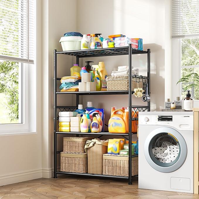 Storage Shelves 4-Tier Large Capacity Metal Shelving with Hooks, Heavy Duty Garage Shelving Unit with Leveling Feet, Stable Metal Shelves for Pantry, Kitchen and Closet,36" W x 12" D x 60" H, Black - ModernBath