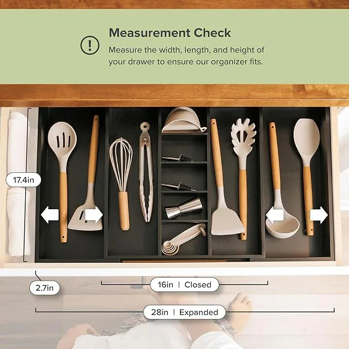KitchenEdge Adjustable Kitchen Drawer Organizer for Utensils and Junk, Food-Safe Contract Grade with 100% Sustainable Wood, Expandable from 16 to 28 Inches Wide - Black Bamboo - ModernBath