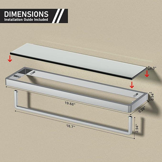 Bathroom Shelves Glass Bathroom Shelf with Towel Bar, Floating Shelves for Living Room/Study Room Tempered Glass Rectangular 1 Tier Organizer Wall Shelf (Chrome Polished, 20'') - ModernBath