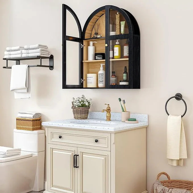Arched Bathroom Wall Cabinet, Arch Medicine Cabinet Wall Mounted with Acrylic Doors, Wall Over The Toilet Storage Cabinet with Adjustable Shelves for Laundry Room, Kitchen (Black) - ModernBath