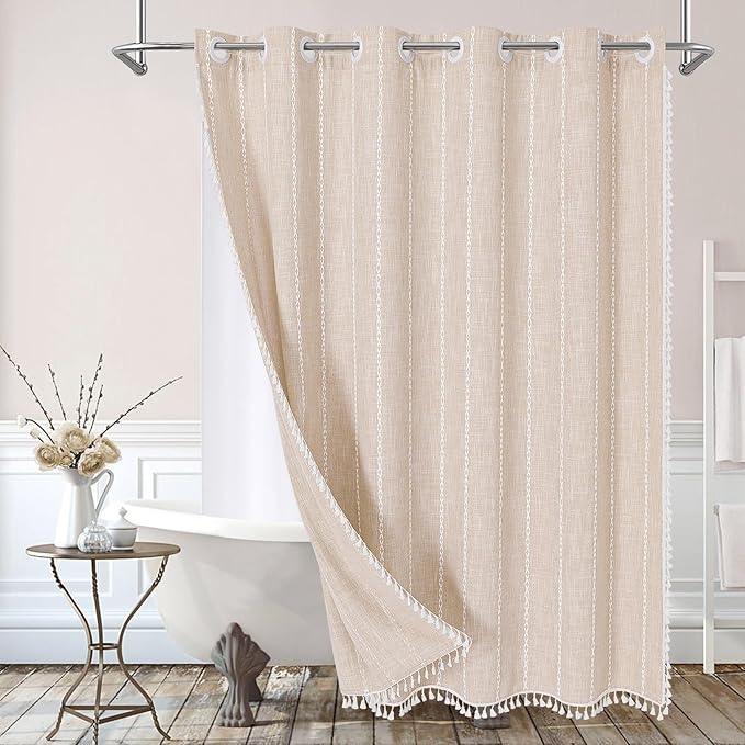 MitoVilla No Hooks Required Boho Farmhouse Shower Curtain with Snap-in Liner, Cotton Linen Fabric Shower Curtains with Tassels for Rustic Neutral Bathroom Decor, Beige/Cream, 72 x 74 - ModernBath