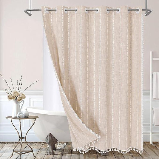 MitoVilla No Hooks Required Boho Farmhouse Shower Curtain with Snap-in Liner, Cotton Linen Fabric Shower Curtains with Tassels for Rustic Neutral Bathroom Decor, Beige/Cream, 72 x 74 - ModernBath