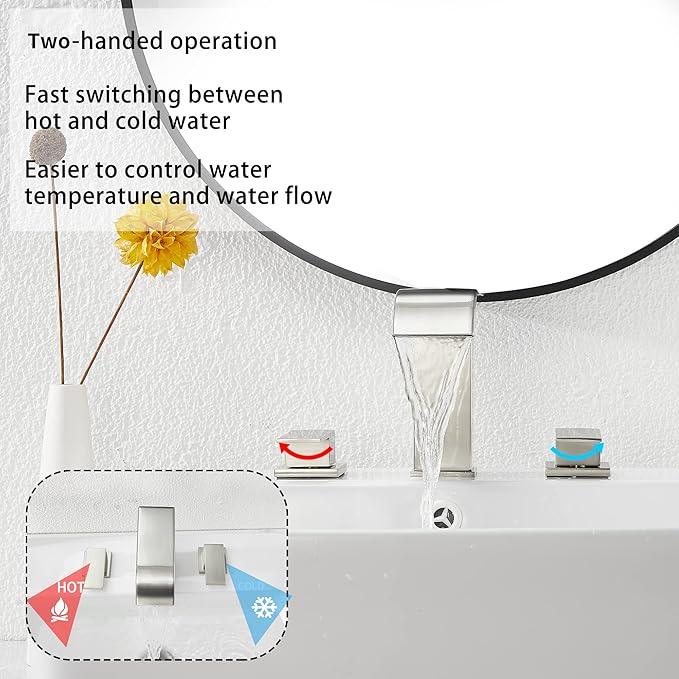 Waterfall Widespread Bathroom Faucet Brushed Nickel GGStudy 3 Holes 2 Handle Modern Bathroom Sink Faucet with Pop Up Drain - ModernBath