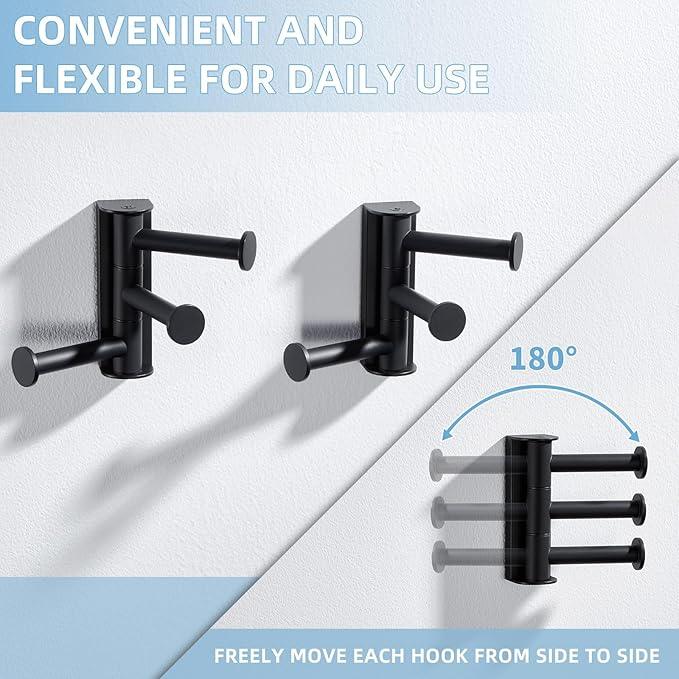 Angle Simple Swivel Towel Hook Matte Black 2 Pack, SUS 304 Stainless Steel Coat Robe Hook for Bathroom - ModernBath