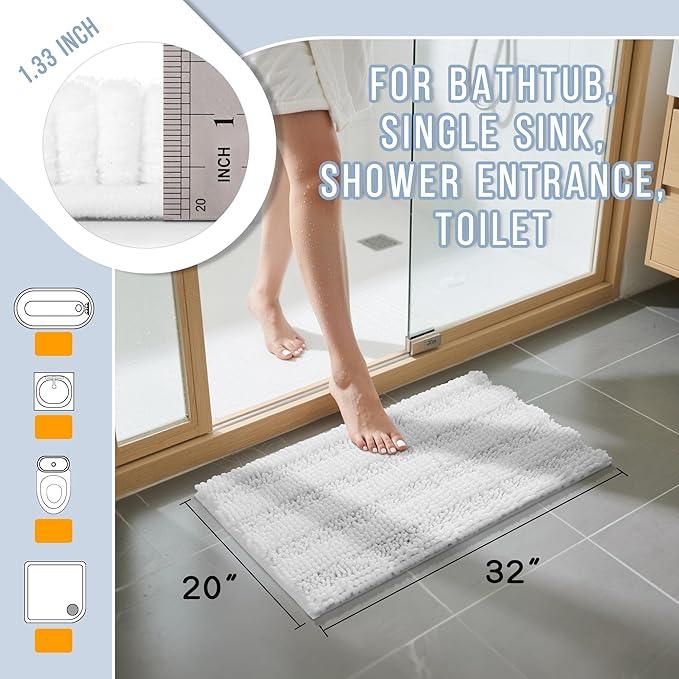 Yimobra Bathroom Rug Mat 32 x 20, Non Slip and Super Absorbent Bath Mat,Machine Washable Quick Dry,Ultra Plush Chenille Shower Rugs for Bathroom Floor Sink Tub and Shower Outside,White - ModernBath