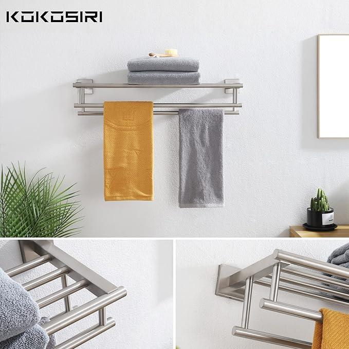 KOKOSIRI 24 Inch Towel Shelf with Double Towel Bars Bathroom Towel Rack Towel Holder Wall Mounted SUS 304 Stainless Steel, Brushed Nickel, B6005BR-L24 - ModernBath