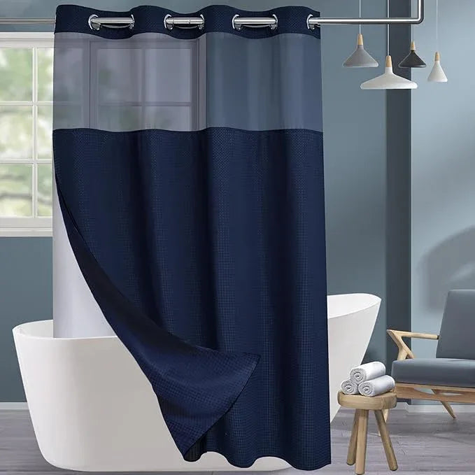 Conbo Mio Stall No Hook Waffle Weave Shower Curtain with Snap in Liner Set, Hotel Luxury Navy Blue Shower Curtains for Bathroom with See Through Top Window, Waterproof, Washable 54W x 74H - ModernBath