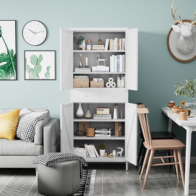 72.9" H Metal Pantry Cabinet, 4 Doors Kitchen Pantry Storage Cabinets with 2 Drawers, for Home Office Bathroom, Required Assembly, White - ModernBath