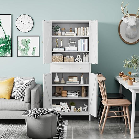 72.9" H Metal Pantry Cabinet, 4 Doors Kitchen Pantry Storage Cabinets with 2 Drawers, for Home Office Bathroom, Required Assembly, White - ModernBath