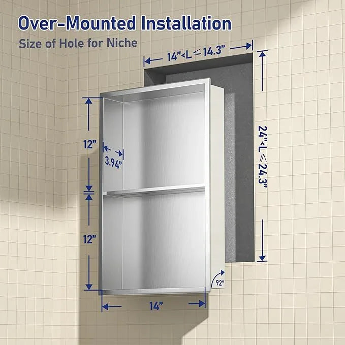 Stainless Steel Shower Niche 14"×24" Brushed No Tiled Needed Niche Shower for Bathroom Wall Recessed Shower Shelf for Storage - ModernBath
