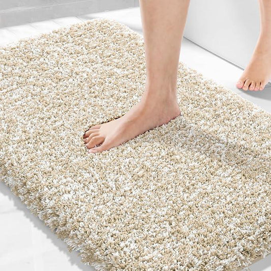 Yimobra Bathroom Rugs Non Slip Washable 36x24, Ultra Soft and Water Absorbent Bath Mats, Plush Fluffy Shower Mat Outside, Luxury Microfiber Thick Matts for Bathroom Floor/Tub, Light Beige and White - ModernBath
