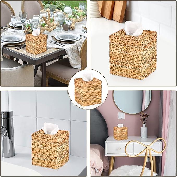 Sumnacon Tissue Box Cover Square Tissue Box Rattan Tissue Box Holder with Hinged Top Lid, Wicker Tissue Holder for Bathroom Toilet Living Room Kitchen Office Table Desk, Yellow - ModernBath
