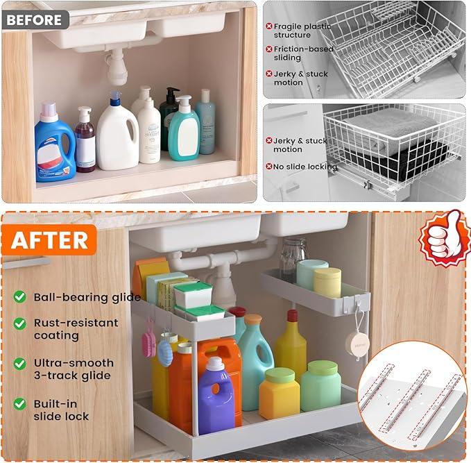 Expandable Under Sink Organizers and Storage,Width Adjustable (14.9-23.6IN),No Drill 2-Tier Pull Out Under Cabinet Organizer for Kitchen Bathroom Laundry White - ModernBath