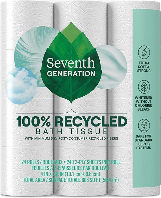 Seventh Generation Toilet Paper White Bathroom Tissue 2-ply 100% Recycled Paper without Chlorine Bleach 24 count, Pack of 2 - ModernBath
