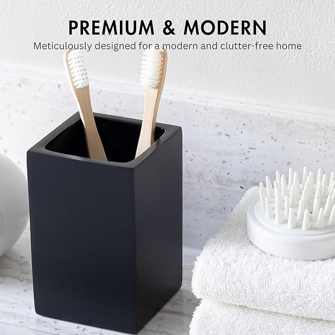 Yew Design Matte Black Toothbrush and Toothpaste Holder for Bathroom Vanity and Countertop, Square Organizer for Electric Toothbrushes, Floss, Razors, Cotton, and Mouthwash - ModernBath