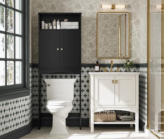 Over The Toilet Storage Cabinet, Over Toilet Bathroom Organizer with Adjustable Shelf and Double Door, Over The Toilet Cabinet for Bathroom Storage Over The Toilet Bathroom Organizer, Black - ModernBath