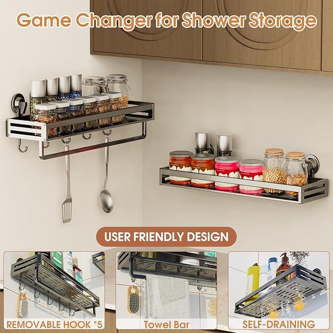 CIBOTIES Shower Caddy Suction Cup, 15.8 inch 2 Pack Suction Shower Shelf with Hooks NO-Drilling Bathroom Holder, Rustproof Bathroom Organizer, Includes 2 Extra Suction Cups, Dark Grey - ModernBath