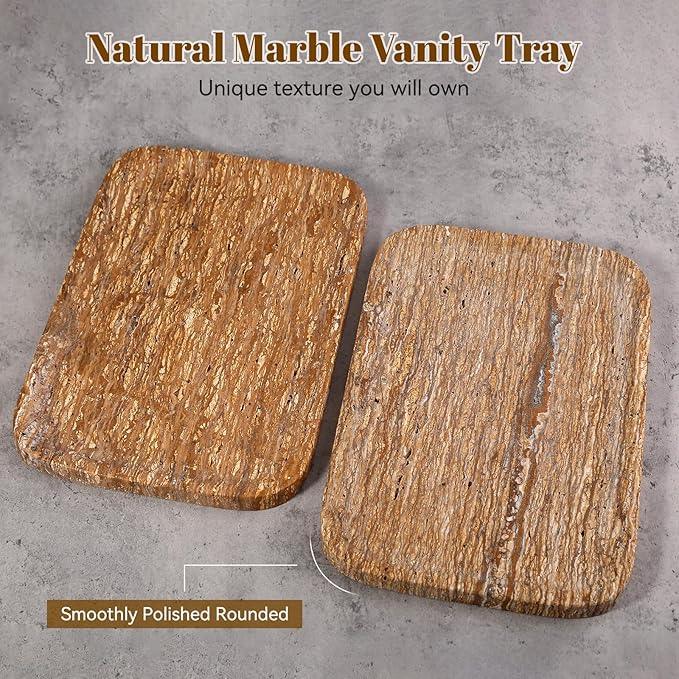 Karibiber Natural Marble Vanity Tray, 11.8" Travertine/Stone Bathroom Tray Countertop, Golden Stone for Perfume Jewelry Holder, Decorative Dresser Organizer, Storage for Kitchen Sink(Walnut Traver) - ModernBath