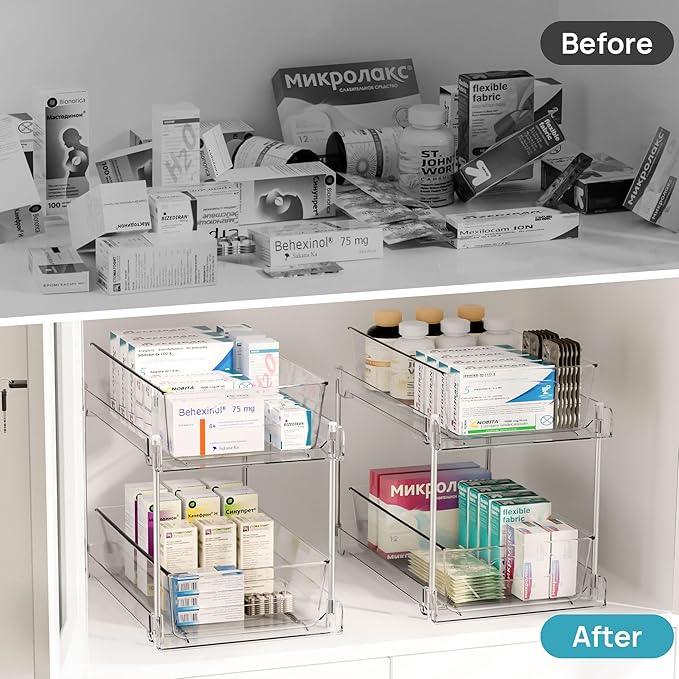 Vtopmart 8 Pack Bathroom Organizer, 2 Tier Clear Under Sink Organizers Vanity Countertop Storage Container,Cabinet Drawers Bins, Pull-Out Organization with Track for Pantry, Kitchen - ModernBath